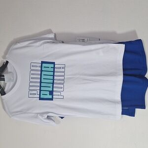 Puma Kids Tee Tank Shorts Set White and Blue Logo 3 Piece Set